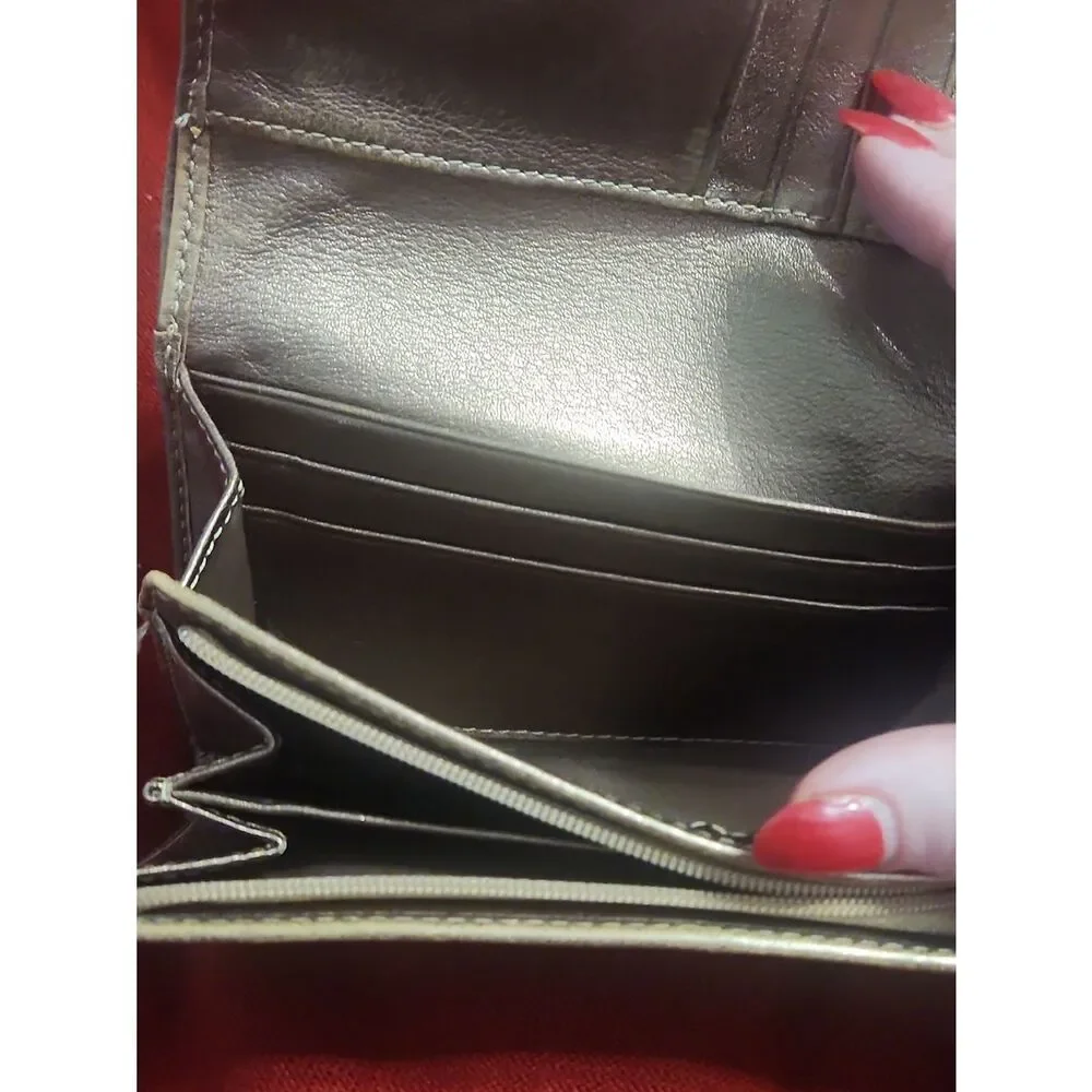 Coach Signature Tri-Fold Wallet in Metallic Taupe and Ivory